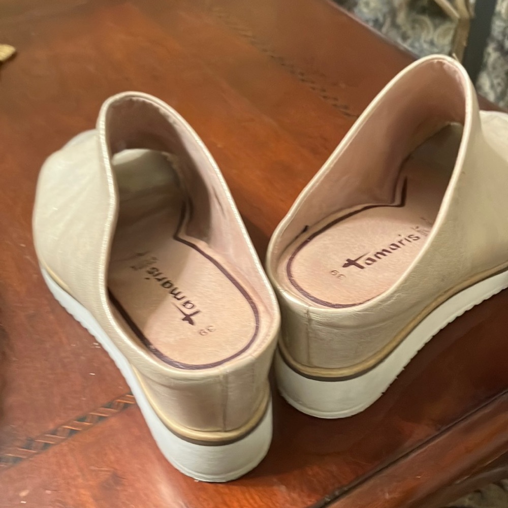 27200 Rose Pearl Leather Womens Slip On Mule Hidden Wedge Heeled Sandals Size39